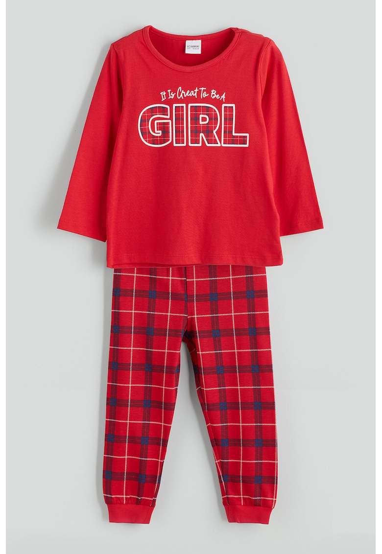 Pijama in carouri cu pantaloni lungi - Rosu vermillion