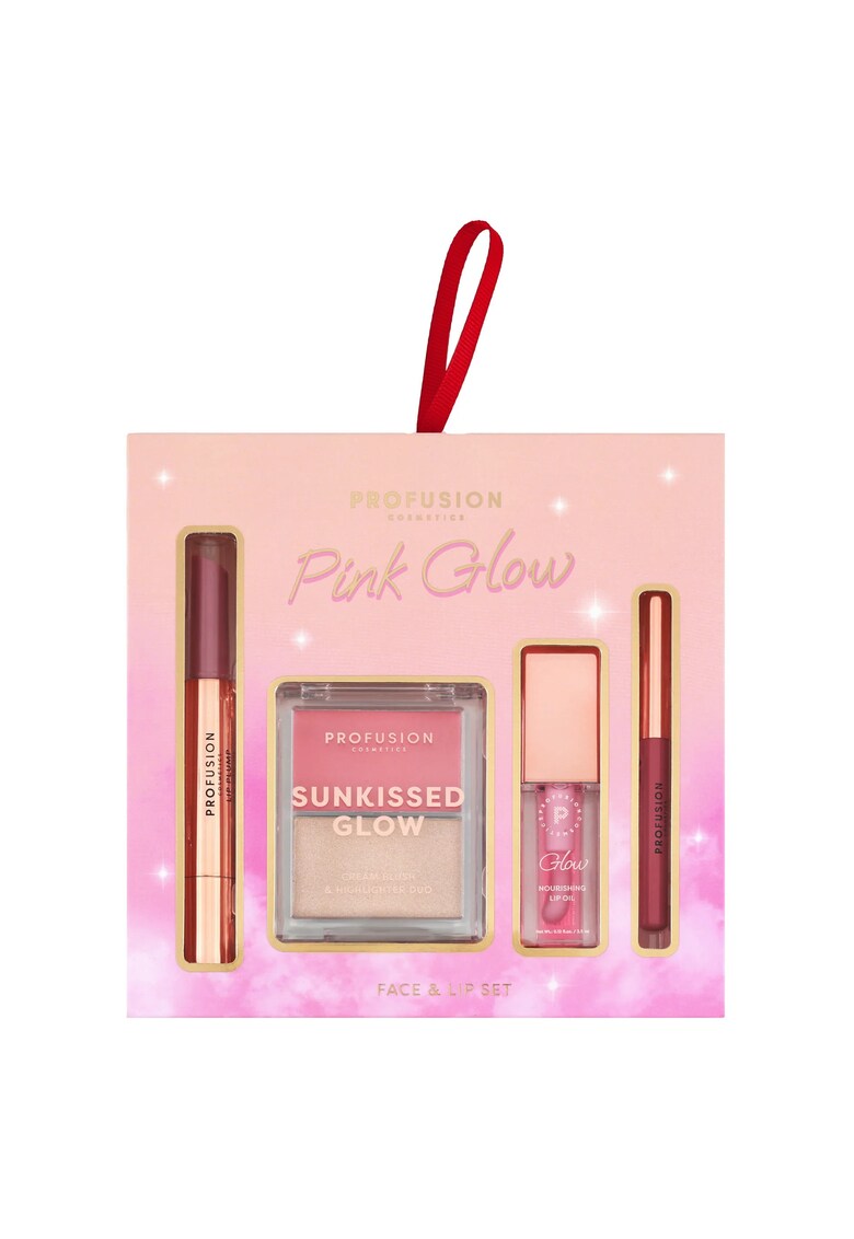 Set machiaj fata si buze - Profusion - Pink Glow - gloss buze - paleta duo blush & iluminator - ulei si creion de buze - 4 articole
