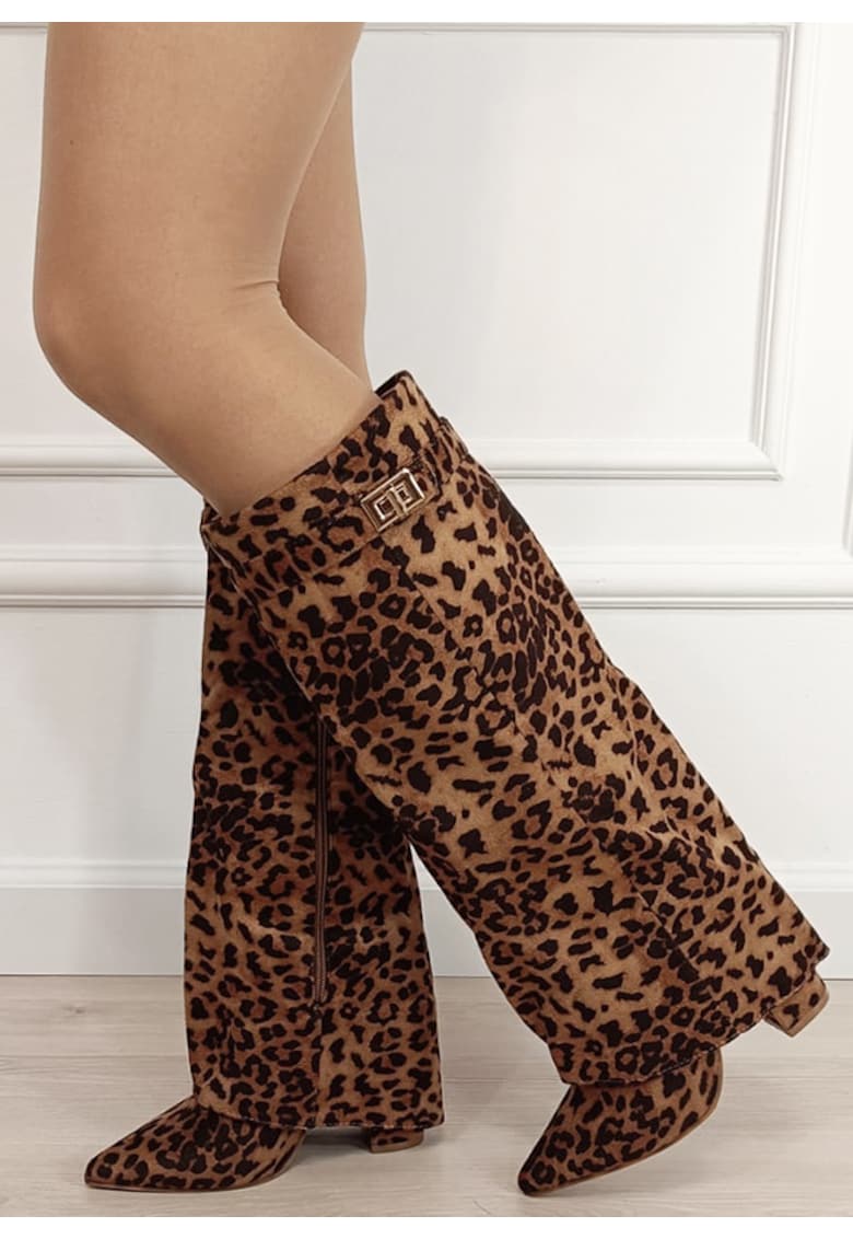 Cizme leopard print elegante cu toc comod 9501A 113 18912 - Maro