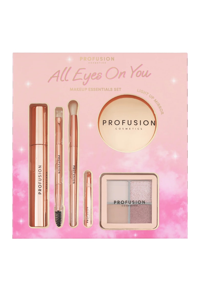 Set pentru machiaj esential - mascara - paleta farduri - 2 pensule - penseta & oglinda cu LED - All Eyes on You - Profusion - 6 articole