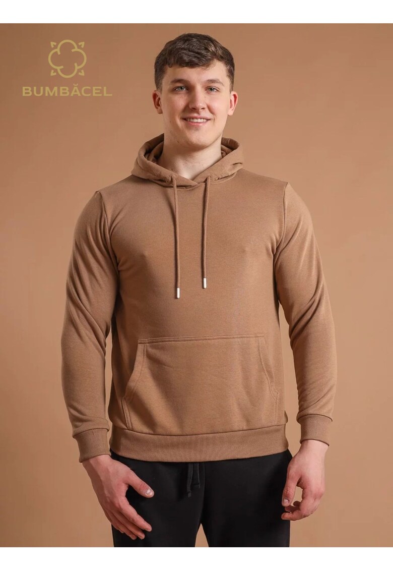 Hanorac barbat uniton fara fermoar cu gluga din bumbac - Maro