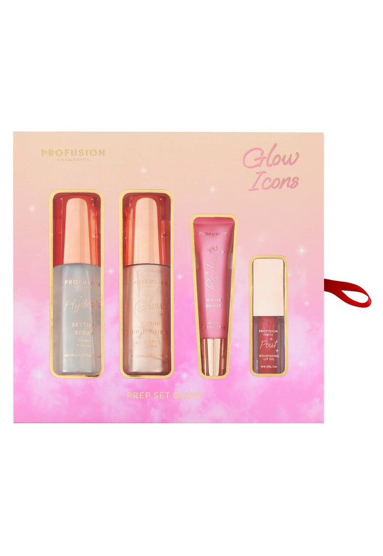 Set pentru baza de machiaj - spray pentru fixarea machiajului - iluminator lichid - primer stralucitor & ulei pentru buze - Glow Icons - Profusion - 4 articole