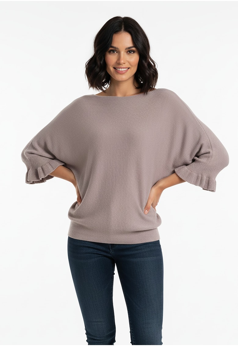 Pulover dama tip liliac - maneci 3/4 cu volane - maro - tricot sintetic