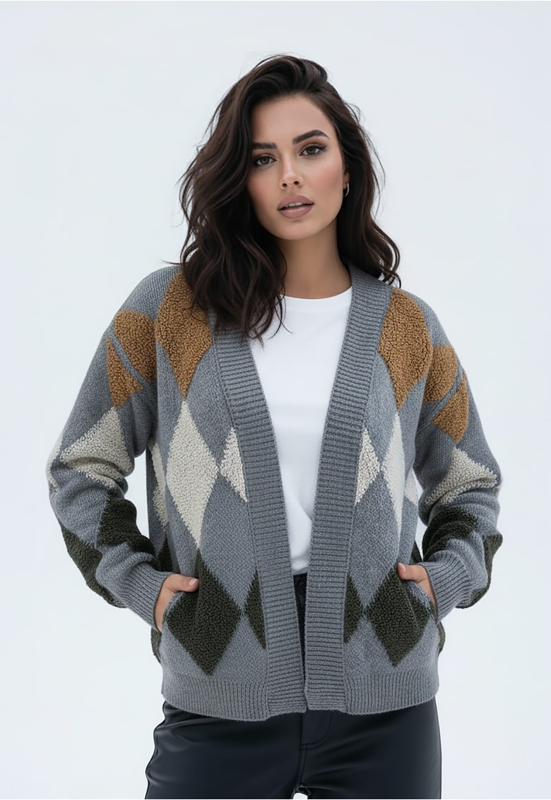 Cardigan gri - tricot sintetic - model cu romburi - croiala lejera - fara inchidere - set cu buzunare laterale