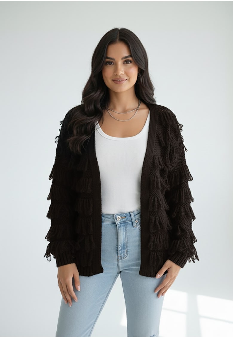 Cardigan cu franjuri - casual - maro - tricot gros
