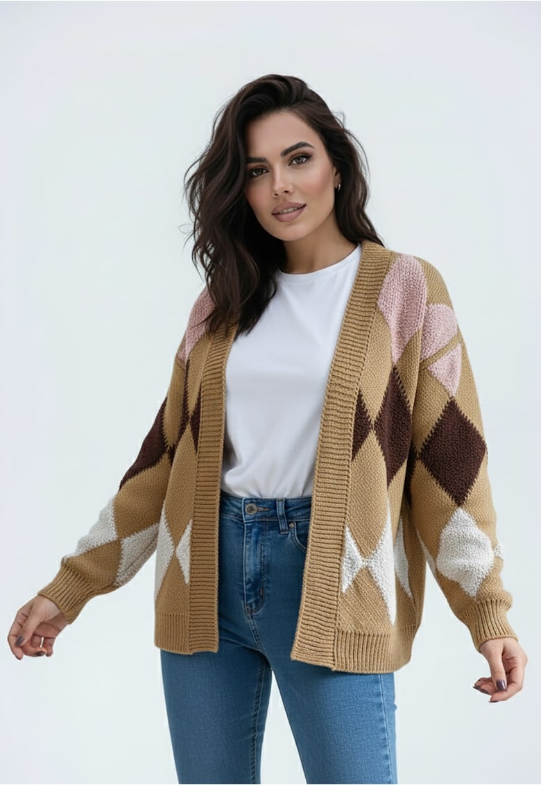 Cardigan dama bej - tricot sintetic - model cu romburi - croiala lejera - fara inchidere