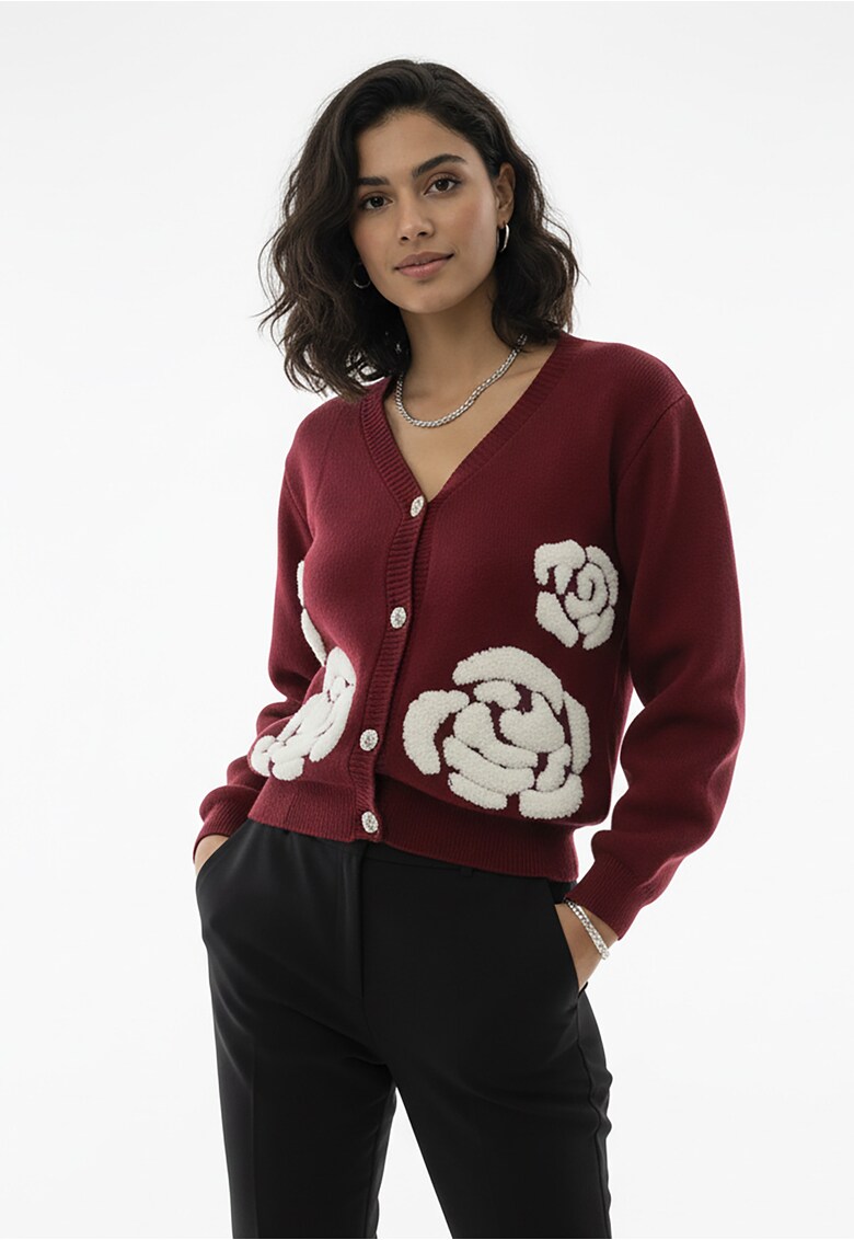 Cardigan dama - rosu-vin - flori 3D - tricotaj cu amestec de acril