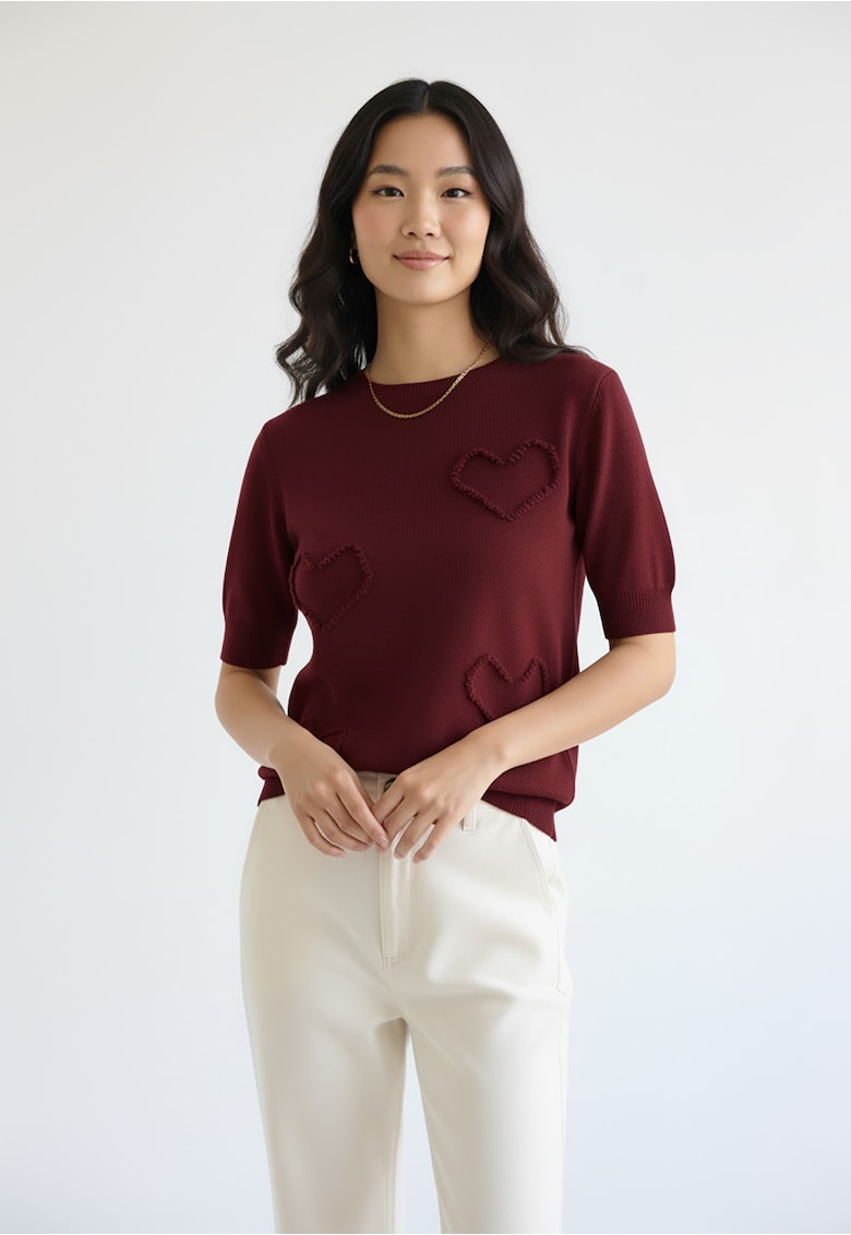 Pulover dama - bordeaux - maneca scurta - tricot moale cu aplicatii in forma de inimi