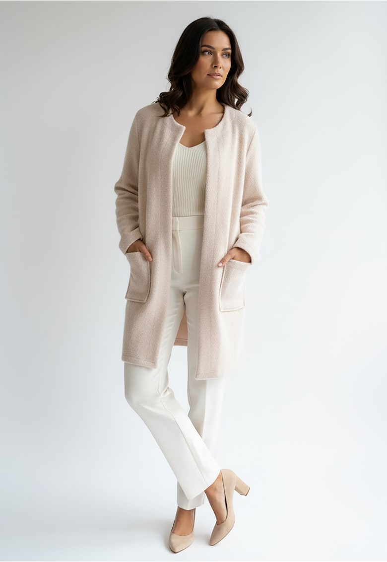 Cardigan lung bej - tricot moale - fara inchidere - buzunare aplicate