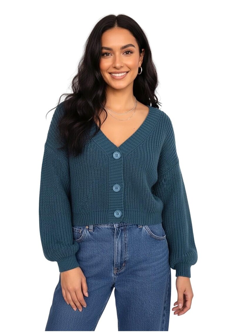 Cardigan dama - verde marin - tricotaj sintetic - decolteu in V - maneci lungi