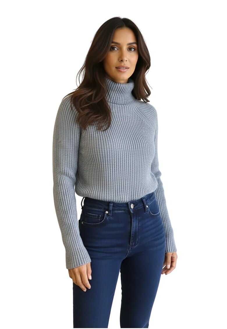 Pulover dama - gri - croiala clasica - guler inalt - tricot moale