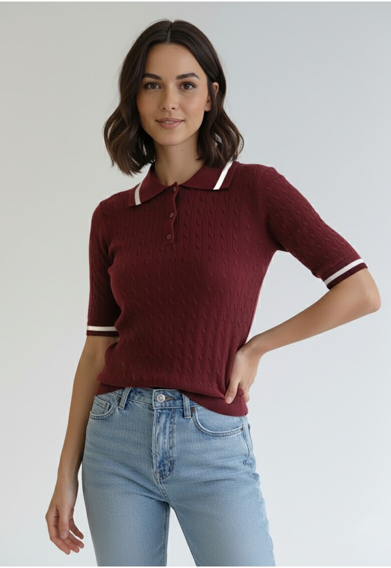 Pulover dama - bordeaux - tricot elastic - maneci scurte - accente albe