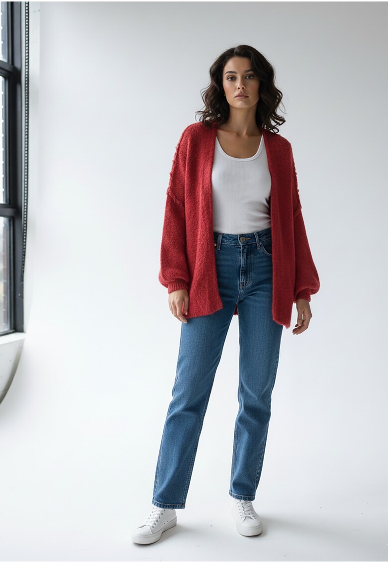 Cardigan dama - rosu - croiala lejera - maneci bufante - tricot moale