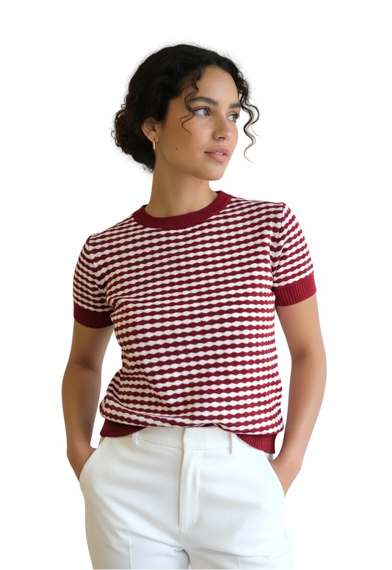 Pulover dama rosu - tricot - maneca scurta - model geometric - finisaje contrastante