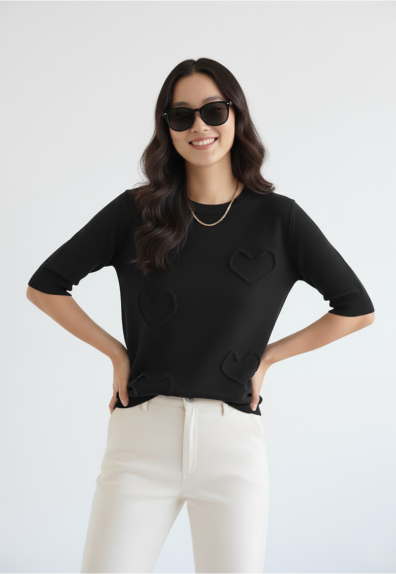 Pulover dama - negru - maneca scurta - aplicatii 3D