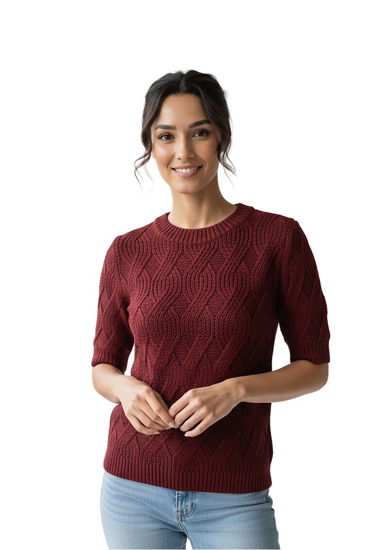 Pulover dama - clasic - maneca scurta - visiniu - tricotaj cu model