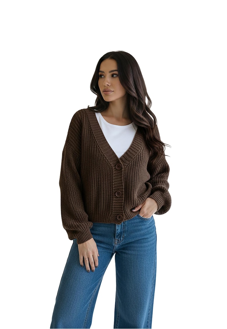 Cardigan dama - scurt - cu nasturi - decolteu in V - maneci lungi - maro - tricot acrilic