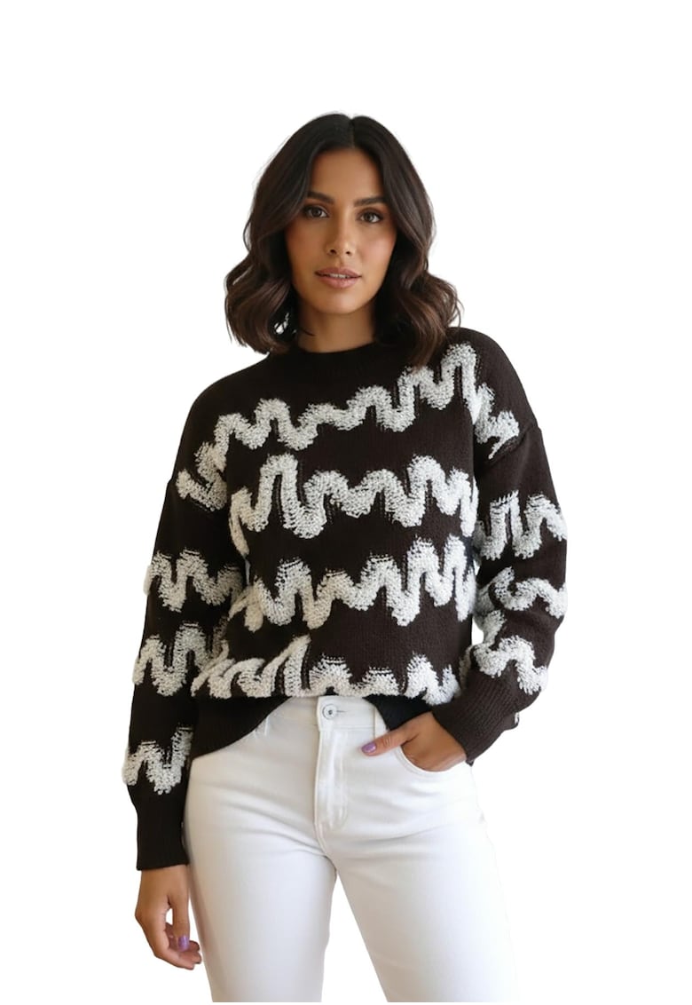 Pulover dama - croiala lejera - modele ondulate crem - negru - tricot acrilic