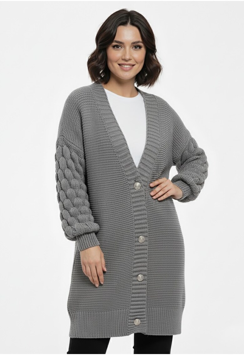 Cardigan lung - cu maneci tip bubble - gri - tricotaj acrilic