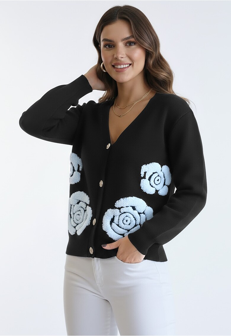 Cardigan negru - floral 3D - decolteu in V - maneci lungi - tricot cu acril