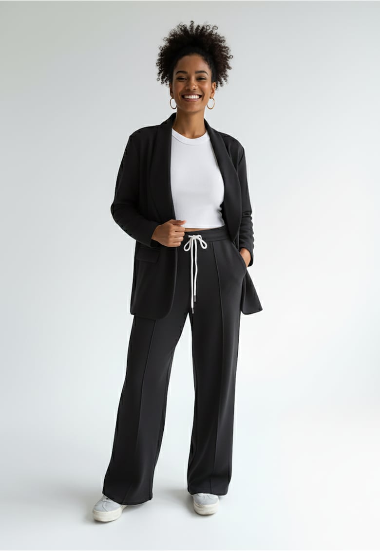 Set de trening negru - sacou lejer cu buzunare - pantaloni largi cu snur contrastant - tricot sintetic -