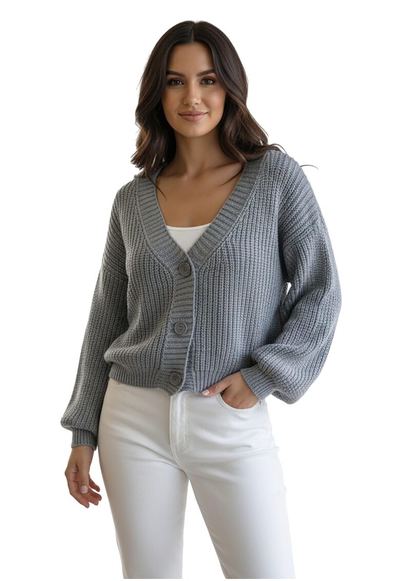 Pulover dama - cardigan gri - tricot acrilic - decolteu in V - maneci bufante