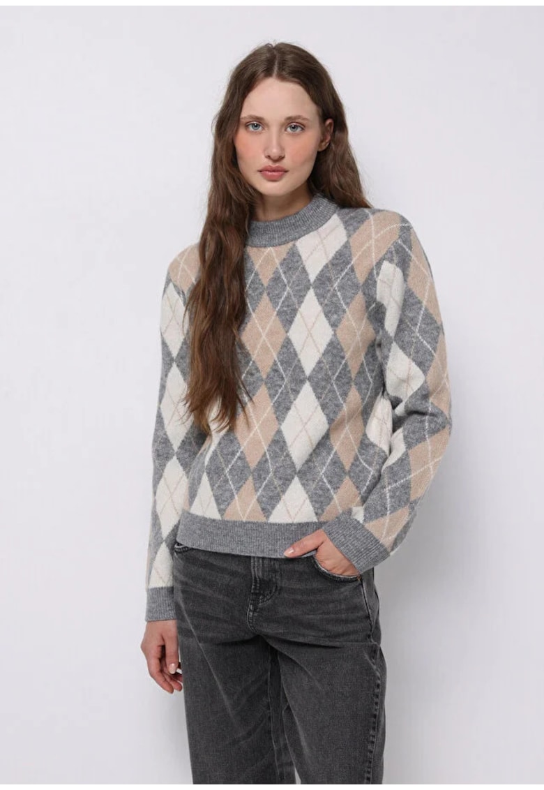 Pulover cu decolteu la baza gatului si model geometric - Multicolor