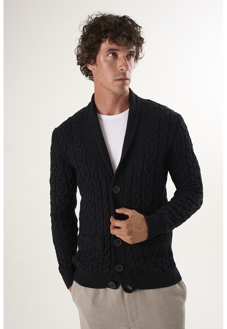 Cardigan din bumbac cu model torsade si nasturi - Negru