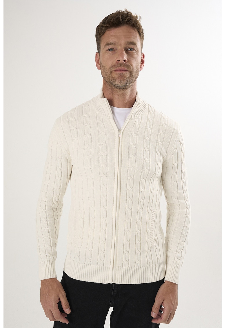 Cardigan uni de bumbac cu fermoar - Alb murdar