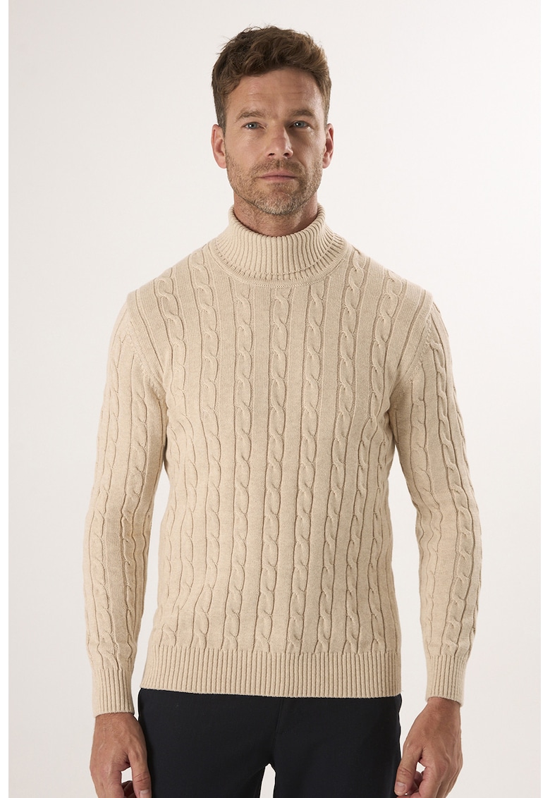 Pulover cu guler inalt si model torsade - Bej inchis