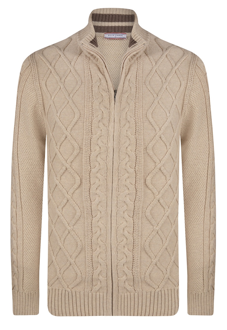 Cardigan cu fermoar si model torsade - Bej inchis