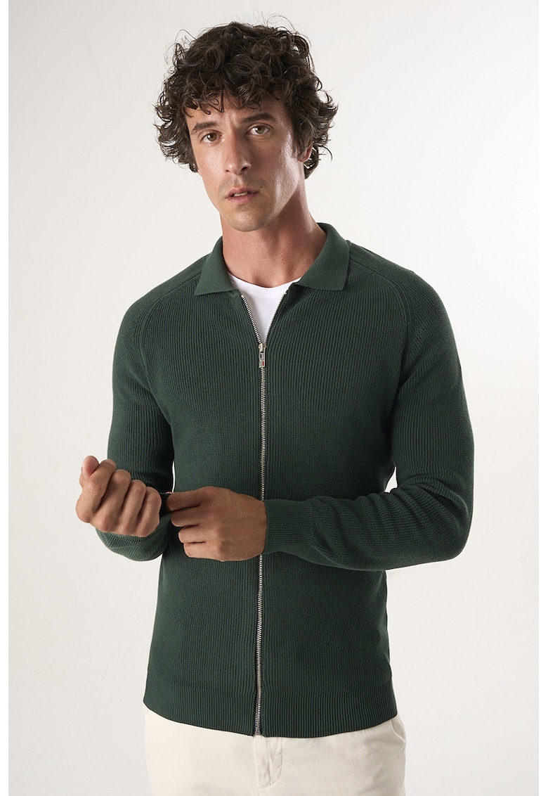 Cardigan cu fermoar si maneci raglan - Verde aquamarin
