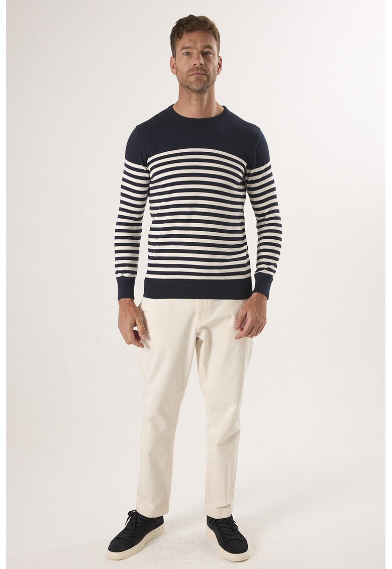 Pulover din bumbac cu model in dungi - Crem/Bleumarin