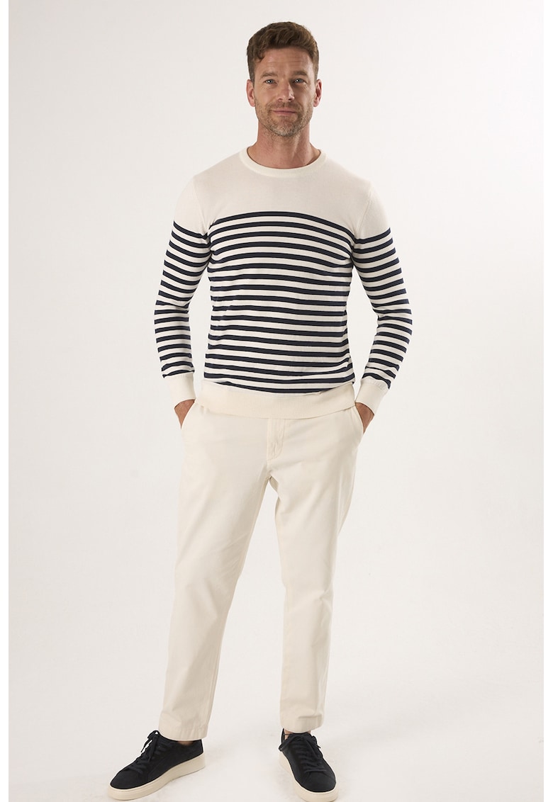 Pulover din bumbac cu model in dungi - Bej deschis/Bleumarin