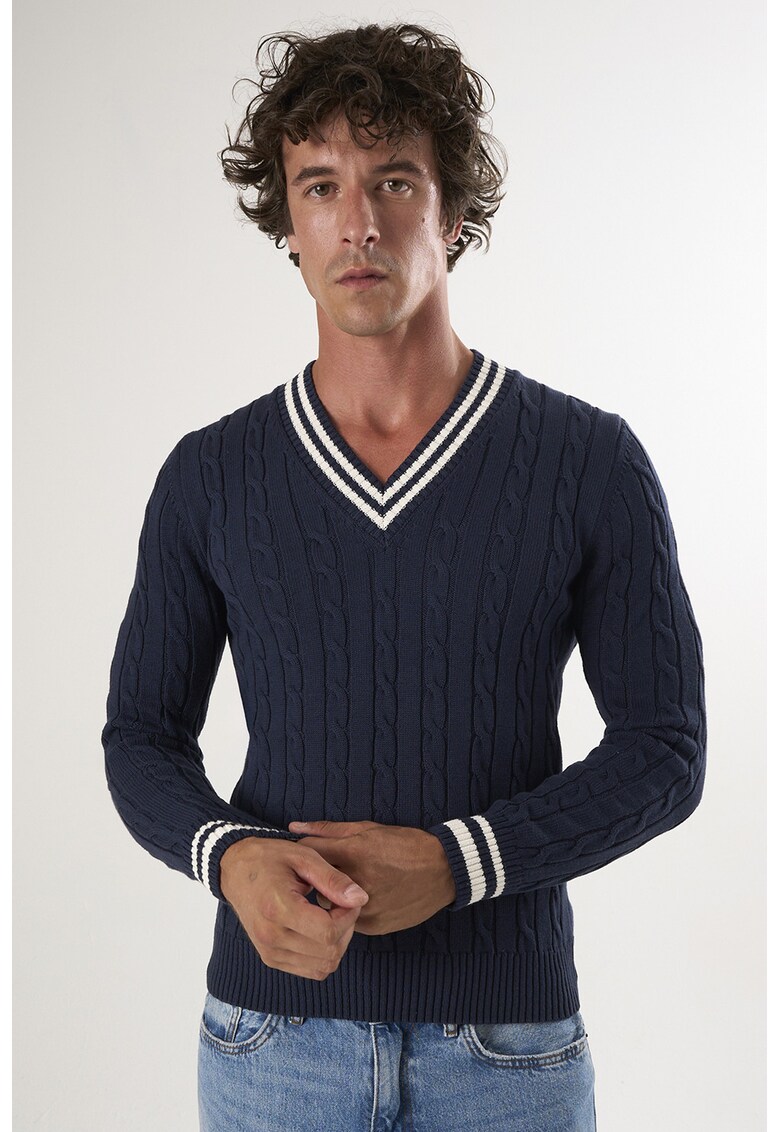 Pulover din bumbac cu decolteu in V - Alb murdar/Bleumarin