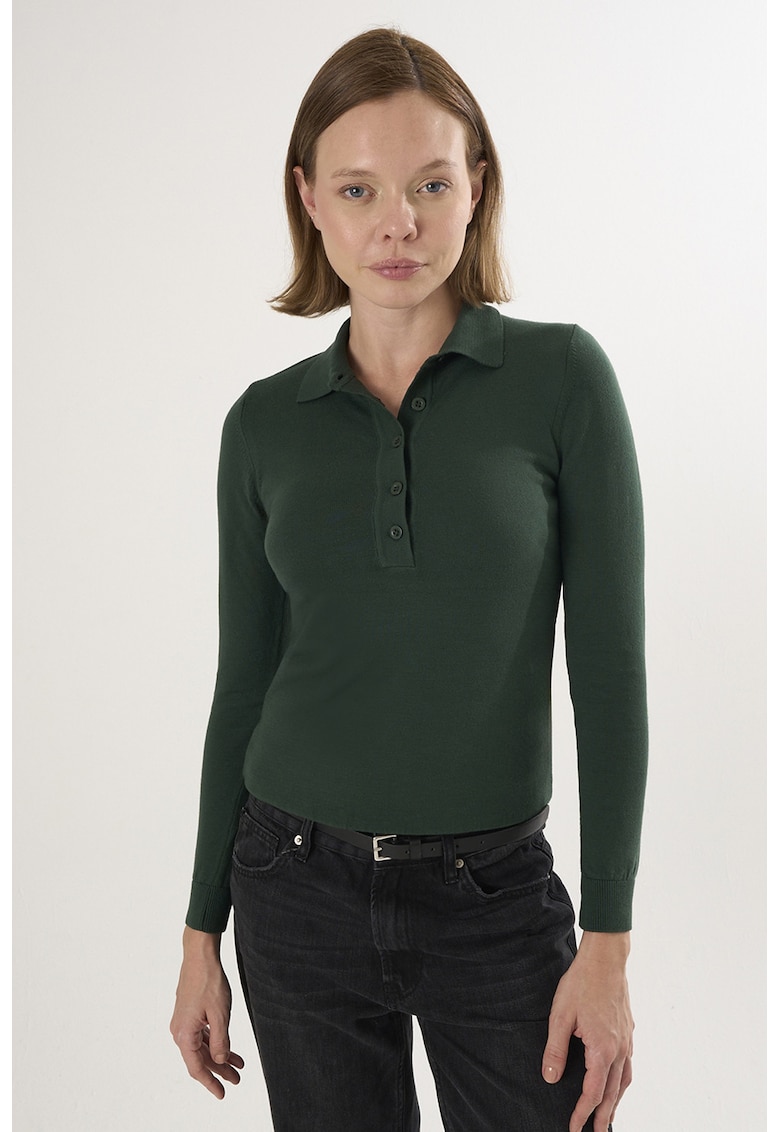 Pulover slim fit cu guler polo - Verde aquamarin