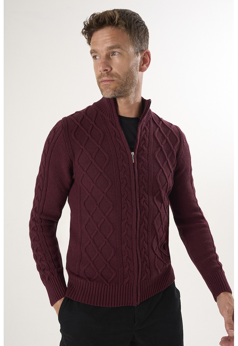 Cardigan cu fermoar si model torsade - Rosu inchis