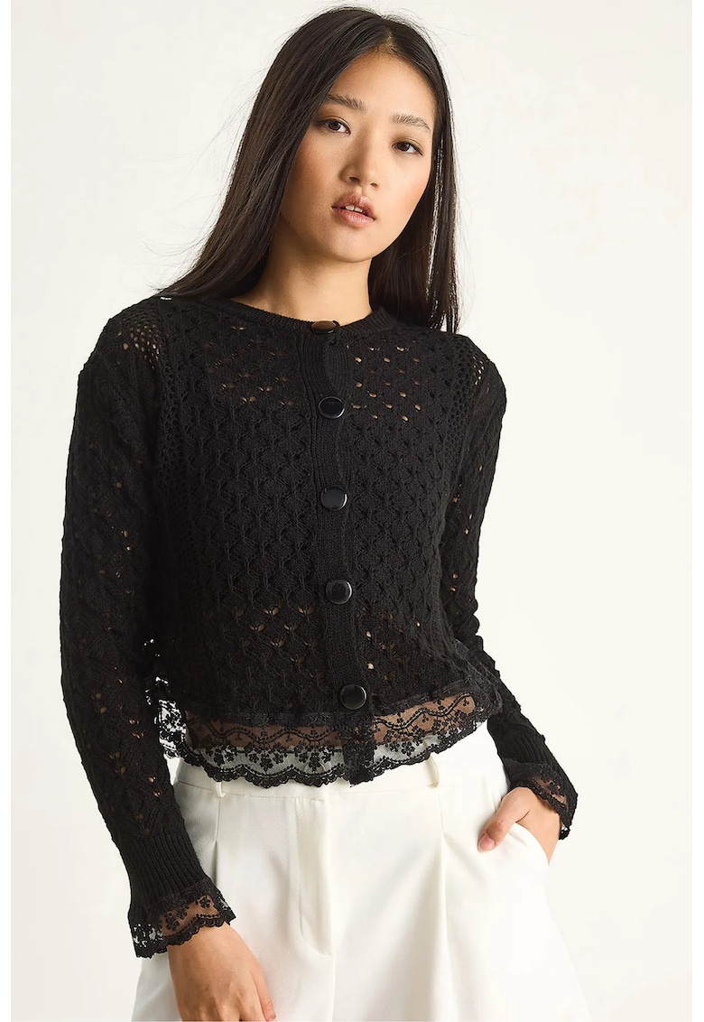 Pulover dama - cardigan tricotat cu nasturi si detalii din dantela - negru - tricot -
