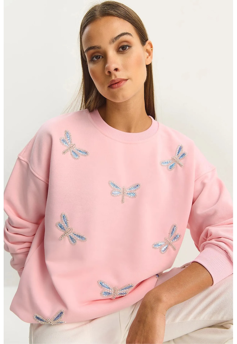 Hanorac dama - bluza cu broderie fluture - roz aprins - textil