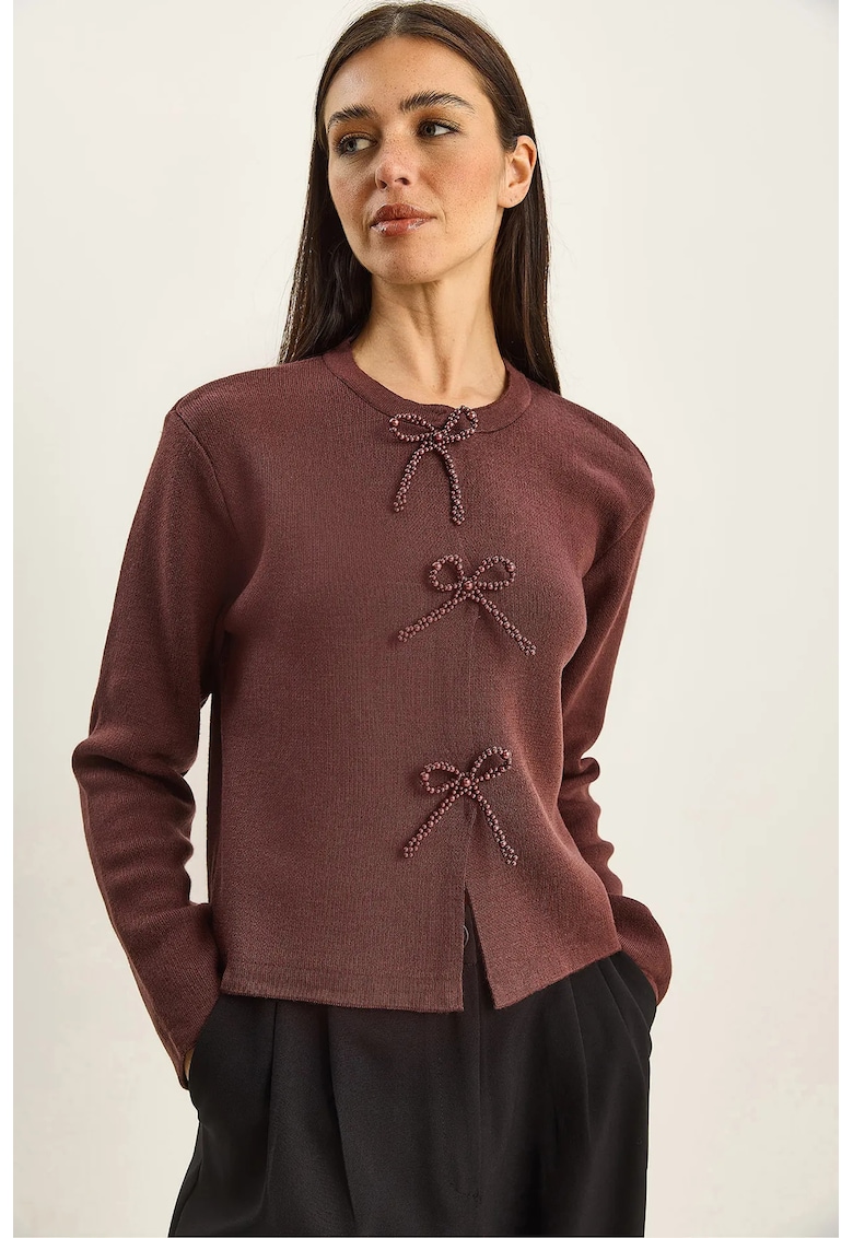 Cardigan tricotat - guler rotund - detaliu funda - maro castaniu - tricot -