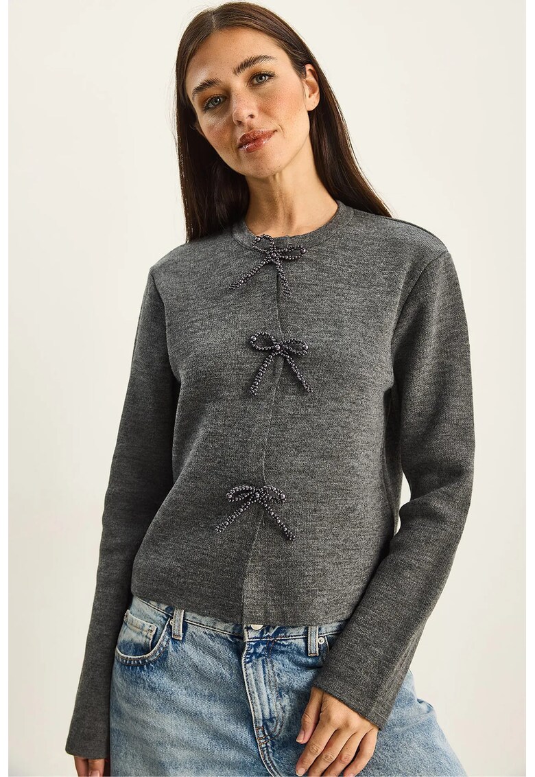 Pulover dama - cardigan tricotat - detaliu funda - gri - tricot -