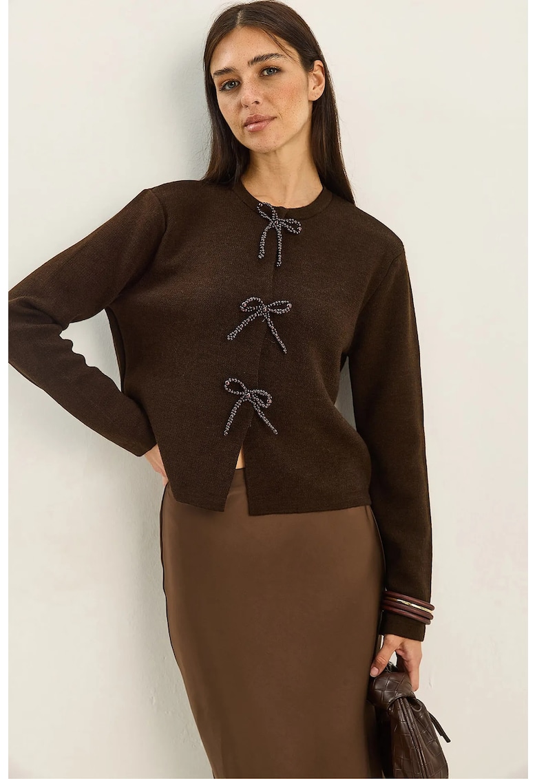 Cardigan tricotat guler rotund - detaliu funda - maro mocha inchis - tricot -