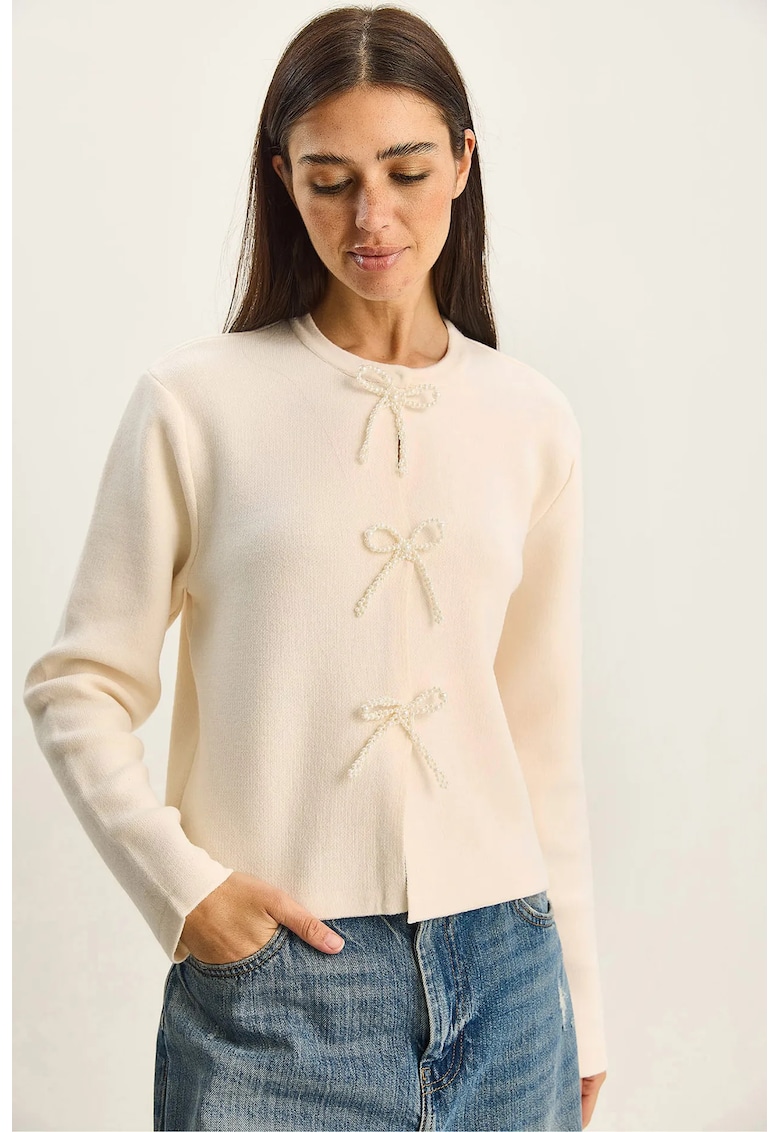 Pulover dama - cardigan tricotat - detaliu funda - bej - tricot -