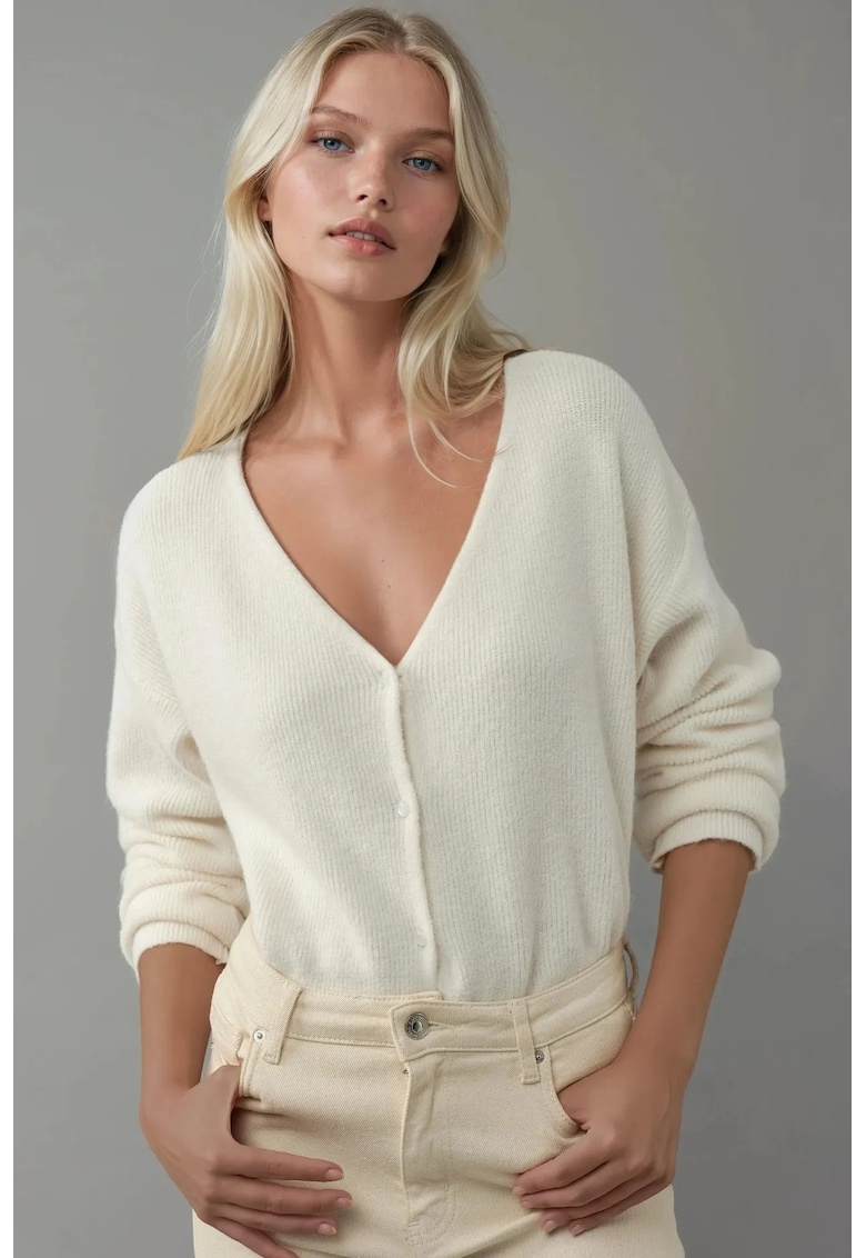 Cardigane - Femei - Cardigan ultra-moale cu decolteu in V si nasturi - cu utilizare dubla - Bej Natural -