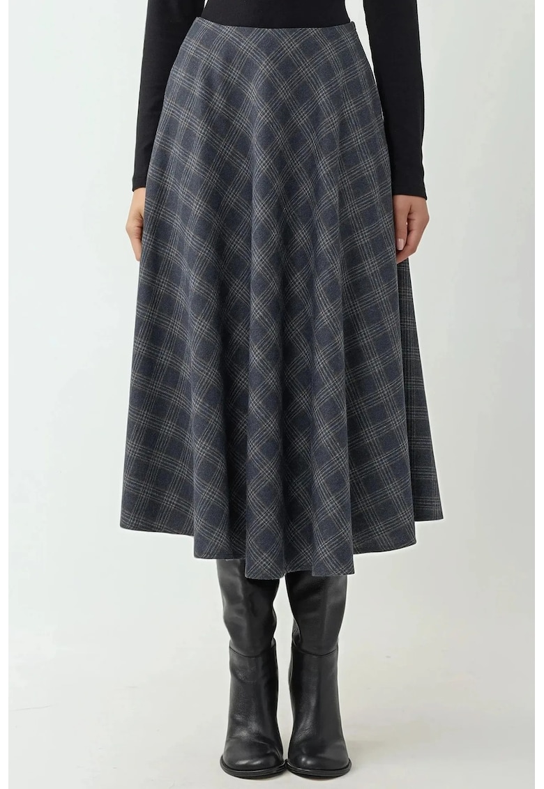 Fuste - Femei - Fusta maxi in carouri cu croiala in forma de A - Albastru marin - S - Albastru marin