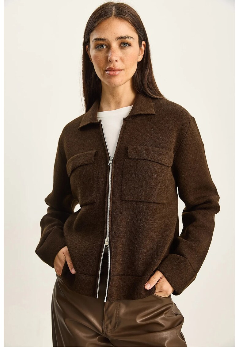 Pulover dama - cardigan tricotat cu fermoar si buzunare - maro - tricot -
