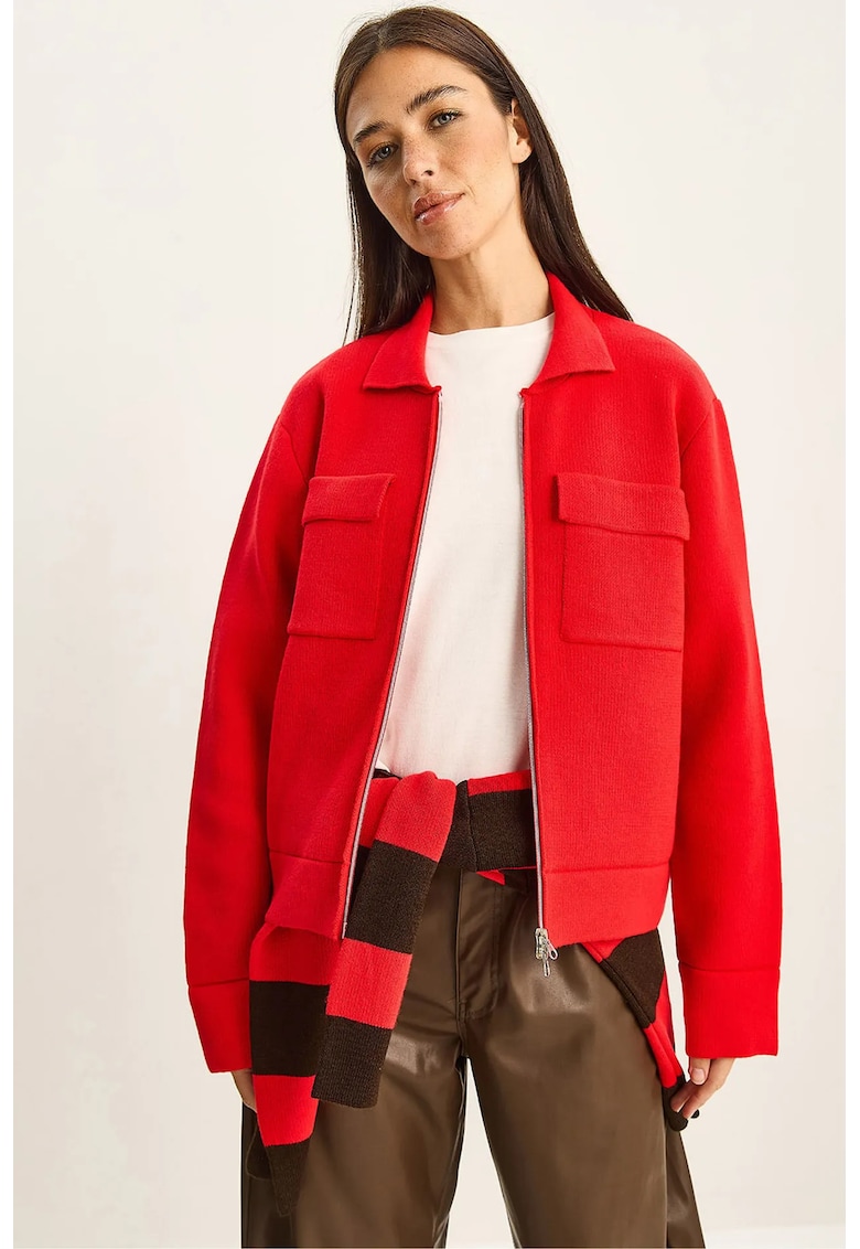 Cardigan tricotat cu fermoar - buzunare - rosu - tricot -