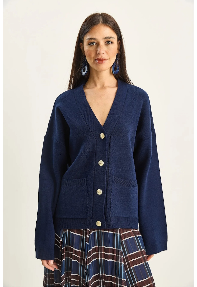 Pulover dama - cardigan cu guler in V - inchidere cu nasturi - albastru marin - tricot -