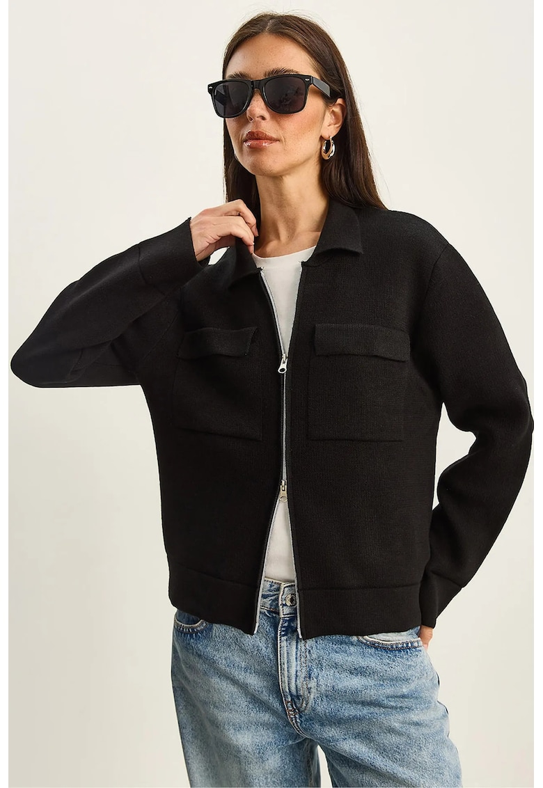 Cardigan tricotat cu nervuri - fermoar - buzunare - negru - fabricat din material de calitate -