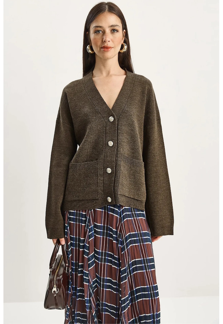 Pulover dama - cardigan in V - inchidere cu nasturi - tricot - Maro